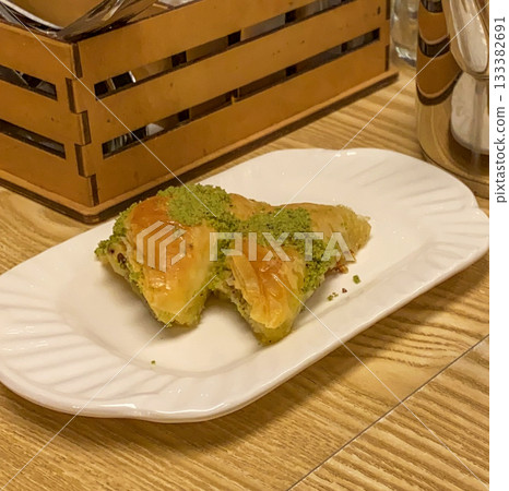 Pistachio Baklava Dessert on Plate Pistachio Baklava Dessert on Plate 133382691