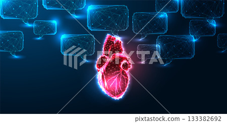 Futuristic digital heart and speech bubbles representing AI cardiology and emotional communication Futuristic digital heart and speech bubbles representing AI cardiology and emotional communication 133382692
