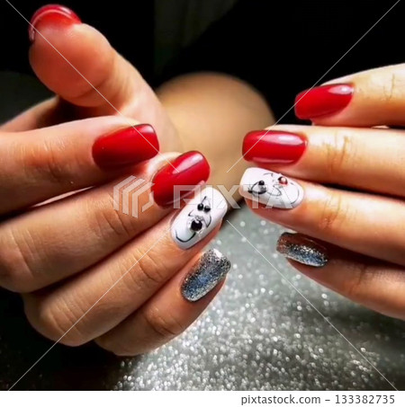 Red Manicure With Cartoon Nail Art and Silver Glitter 133382735