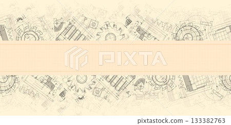 Mechanical engineering drawings on sepia background. Cutting tools, milling cutter. Technical Design. Cover. Blueprint. Horizontal seamless pattern. Vector illustration. Mechanical engineering drawings on sepia background. Cutting tools, milling cutter. Technical Design. Cover. Blueprint. Horizontal seamless pattern. Vector illustration. 133382763
