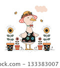 A cute illustration of a duck standing in a flower garden, wearing a floral dress and a charming hat. Perfect for kids prints, cards, and cheerful designs 133383007