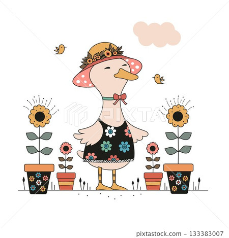 A cute illustration of a duck standing in a flower garden, wearing a floral dress and a charming hat. Perfect for kids prints, cards, and cheerful designs 133383007