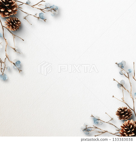 藍色冬季相框（角落裝飾），飾以鬆果和冬日樹枝。 133383038