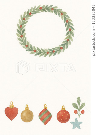 聖誕花圈和裝飾品的水彩插圖（直版）→ 搜尋者經常輸入 133383043