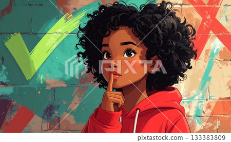 一位憂心忡忡的黑人女性站在紅色背景前。 133383809