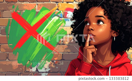 Illustration of a girl with curly hair thinking Illustration of a girl with curly hair thinking 133383812