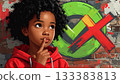 Illustration of a Black girl with curly hair thinking 133383813