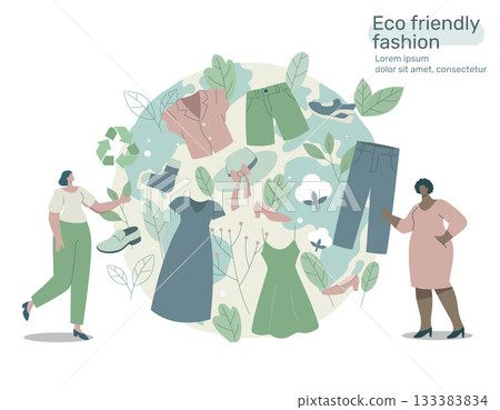Eco friendly clothing sustainable, Recycling textile, Organic cotton fabric, Recycle and environmental care concept on fashion. Vector design illustration. 133383834