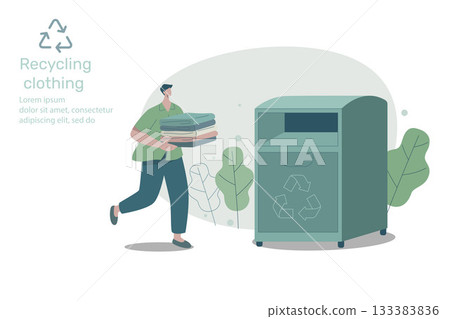 A man holding stack of clothes or textiles to donate, Recycle and sustainable environmental care concept on fashion. Vector design illustration. 133383836