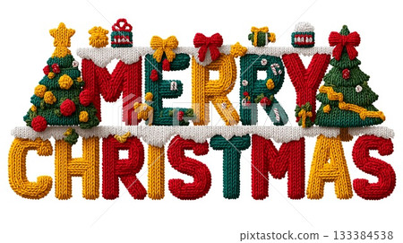 Colorful background of Christmas braided alphabet and tree decorations 133384538