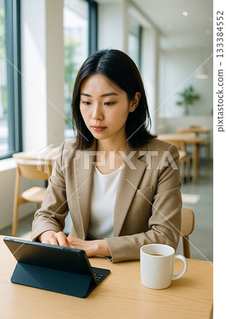 A nomad worker working in a cafe using a tablet and keyboard A nomad worker working in a cafe using a tablet and keyboard 133384552