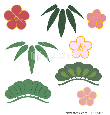 Pine, bamboo, and plum illustration material set 133384566