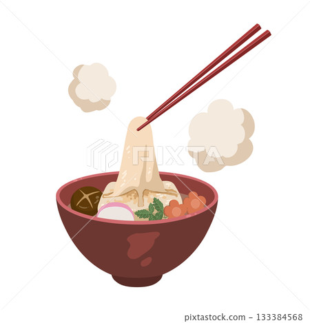 Illustration of mochi rice cakes in zoni held with chopsticks Illustration of mochi rice cakes in zoni held with chopsticks 133384568