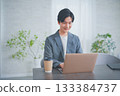 A man in office casual clothes having a meeting while drinking coffee 133384737