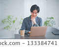 A man in office casual clothes having a meeting while drinking coffee 133384741