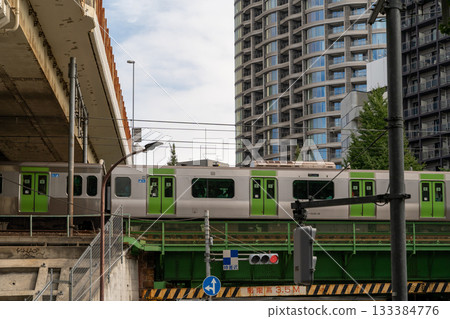 Train passing over a bridge in a modern Japanese city Train passing over a bridge in a modern Japanese city 133384776