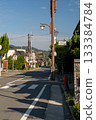 Quiet city street in Kyoto, Japan, leading to mountains 133384784