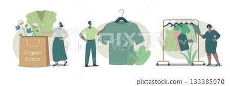 Set of characters buying recycling eco friendly clothes and textile sustainable fashion. Vector design illustration. 133385070