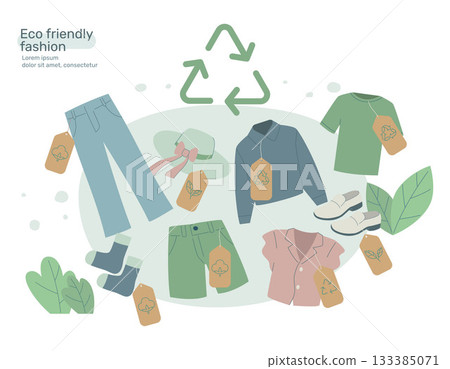 Eco friendly clothing sustainable, Recycling textile, Organic cotton fabric, Recycle and environmental care concept on fashion. Vector design illustration. 133385071