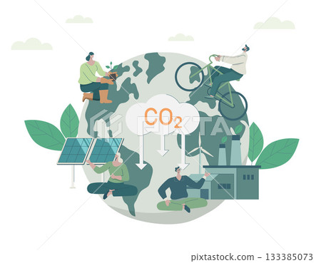 People cares about ecology and environment, using clean energy, warning about CO2 emission, sustainable environmental management. Climate change problem concept. Vector design illustration. 133385073