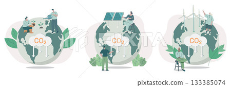 Set of climate change problem concepts. People care about the ecology and the environment. Using clean energy to reduce CO2 emissions. Sustainable Environmental Management. Vector design illustration. Set of climate change problem concepts. People care about the ecology and the environment. Using clean energy to reduce CO2 emissions. Sustainable Environmental Management. Vector design illustration. 133385074