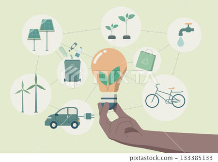 Eco friendly sustainable, Hand holding light bulb with energy sources for renewable, climate change problem concepts. Vector design illustration. Eco friendly sustainable, Hand holding light bulb with energy sources for renewable, climate change problem concepts. Vector design illustration. 133385133