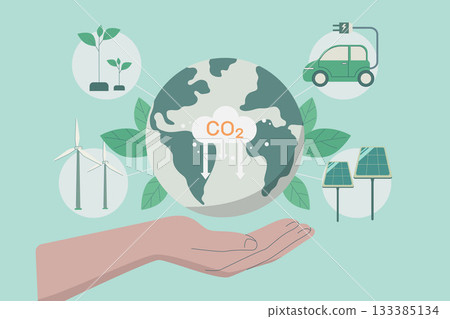 Developing sustainable CO2 concepts and low reduce CO2, using clean energy, sustainable environmental management. Climate change problem concept. Vector design illustration. Developing sustainable CO2 concepts and low reduce CO2, using clean energy, sustainable environmental management. Climate change problem concept. Vector design illustration. 133385134