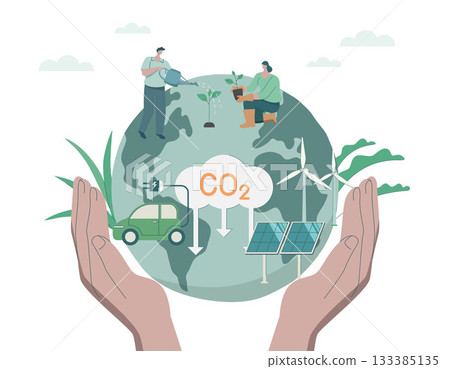 Developing sustainable CO2 concepts and low reduce CO2, using clean energy, sustainable environmental management. Climate change problem concept. Vector design illustration. Developing sustainable CO2 concepts and low reduce CO2, using clean energy, sustainable environmental management. Climate change problem concept. Vector design illustration. 133385135