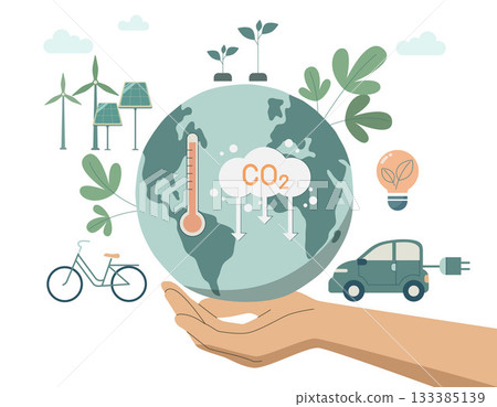 Characters hands holding planet earth, Developing sustainable CO2 concepts, using clean energy, sustainable environmental management.  Climate change problem concept. Vector design illustration. 133385139