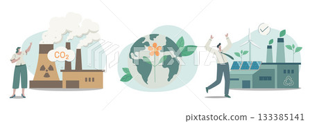 Set of climate change problem concepts. Power plant emission pollution CO2 and sustainable clean factory with renewable energy. Vector design illustration. Set of climate change problem concepts. Power plant emission pollution CO2 and sustainable clean factory with renewable energy. Vector design illustration. 133385141
