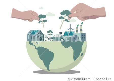 Eco friendly sustainable, Hands of children and adults together plant trees that help make the world a better place, Climate change problem concepts.  Vector design illustration. 133385177