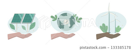 Eco friendly sustainable, Set of caring characters hands holding earth, solar panels and wind turbines, preservation of ecology of planet, climate change problem concepts, Vector illustration. Eco friendly sustainable, Set of caring characters hands holding earth, solar panels and wind turbines, preservation of ecology of planet, climate change problem concepts, Vector illustration. 133385178