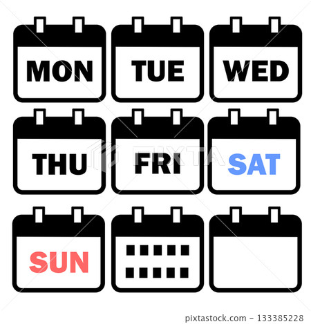 一周中的日曆日，週一、週二、週三、週四、週五、週六和周日矢量圖標插圖集 133385228