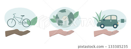 Eco friendly sustainable, Set of caring characters hands holding earth, Use bicycle and Electric car, preservation of ecology of planet, climate change problem concepts, Vector illustration. Eco friendly sustainable, Set of caring characters hands holding earth, Use bicycle and Electric car, preservation of ecology of planet, climate change problem concepts, Vector illustration. 133385235