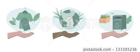 Eco friendly sustainable, Set of caring characters hands holding earth, Organic cotton fabric and Recycling textile, preservation of ecology of planet,  climate change concepts, Vector illustration. 133385236