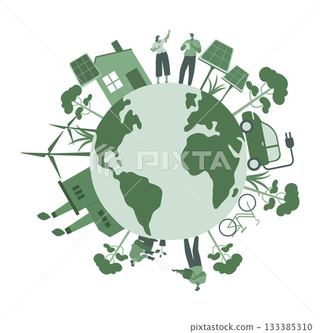Eco friendly sustainable, Planet earth with alternative green energy resources, climate change problem concepts. Vector design illustration. 133385310