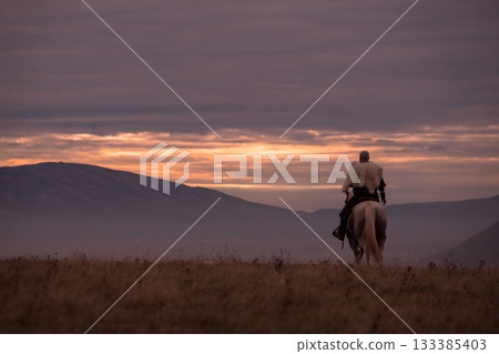 A majestic Viking chieftain on a dappled grey horse, clad in a fur cloak, surveys a desolate, mountainous landscape under a dramatic cloudy sky, exuding power and presence. A majestic Viking chieftain on a dappled grey horse, clad in a fur cloak, surveys a desolate, mountainous landscape under a dramatic cloudy sky, exuding power and presence. 133385403