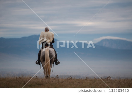 A majestic Viking chieftain on a dappled grey horse, clad in a fur cloak, surveys a desolate, mountainous landscape under a dramatic cloudy sky, exuding power and presence. A majestic Viking chieftain on a dappled grey horse, clad in a fur cloak, surveys a desolate, mountainous landscape under a dramatic cloudy sky, exuding power and presence. 133385420