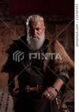 Elderly Viking man with a white beard in traditional attire, wielding a sword, exuding confidence and strength in a historic, dimly-lit setting 133385451