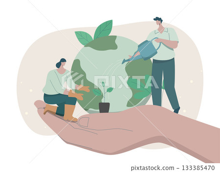 Eco friendly sustainable, Hand holding globe, Caring people planting trees and watering, climate change problem concepts. Vector design illustration. Eco friendly sustainable, Hand holding globe, Caring people planting trees and watering, climate change problem concepts. Vector design illustration. 133385470
