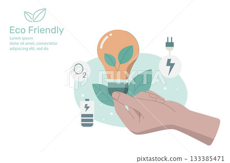 Eco friendly sustainable, Hand holding light bulb with plant growing inside, Green eco energy and climate change problem concepts. Vector design illustration. 133385471