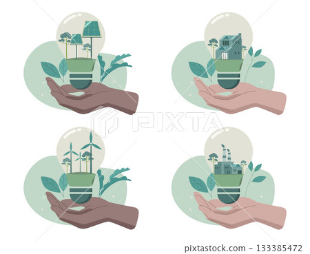 Eco friendly sustainable, Set of Hand holding light bulb with alternative energy, climate change problem concepts. Vector design illustration. Eco friendly sustainable, Set of Hand holding light bulb with alternative energy, climate change problem concepts. Vector design illustration. 133385472