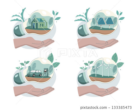 Eco friendly sustainable, Set of Hand holding light bulb with alternative energy, climate change problem concepts. Vector design illustration. 133385473