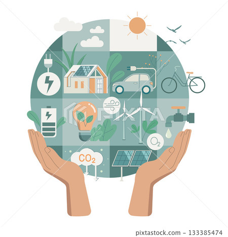 Eco friendly sustainable, Hands holding planet earth with alternative green energy resources, climate change problem concepts. Vector design illustration. Eco friendly sustainable, Hands holding planet earth with alternative green energy resources, climate change problem concepts. Vector design illustration. 133385474