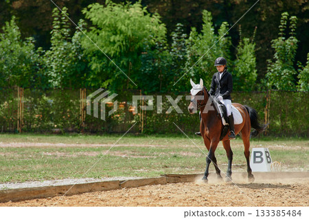 Equestrian sport, horse and rider in dressage competition, woman riding horse in outdoor arena, training and performance, equine event, sunny day, natural light, action shot. Equestrian sport, horse and rider in dressage competition, woman riding horse in outdoor arena, training and performance, equine event, sunny day, natural light, action shot. 133385484