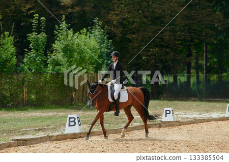 Equestrian sport, horse and rider in dressage competition, woman riding horse in outdoor arena, training and performance, equine event, sunny day, natural light, action shot. Equestrian sport, horse and rider in dressage competition, woman riding horse in outdoor arena, training and performance, equine event, sunny day, natural light, action shot. 133385504