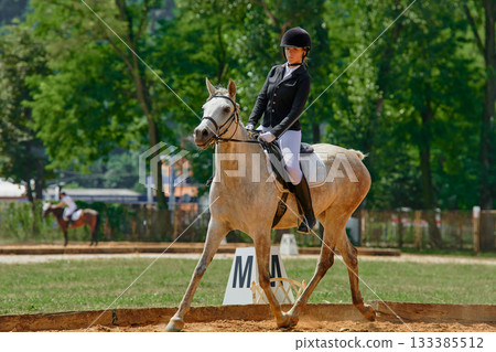 Equestrian sport, horse and rider in dressage competition, woman riding horse in outdoor arena, training and performance, equine event, sunny day, natural light, action shot. Equestrian sport, horse and rider in dressage competition, woman riding horse in outdoor arena, training and performance, equine event, sunny day, natural light, action shot. 133385512