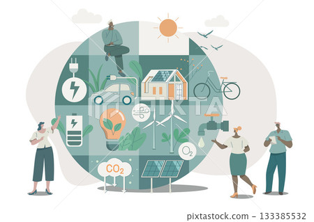 Eco friendly sustainable, People care about the planet earth with alternative green energy resources, climate change problem concepts. Vector design illustration. Eco friendly sustainable, People care about the planet earth with alternative green energy resources, climate change problem concepts. Vector design illustration. 133385532