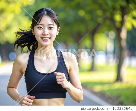 AI-generated image of a young Japanese woman jogging AI-generated image of a young Japanese woman jogging 133385643