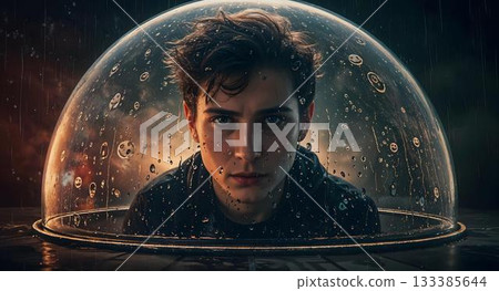 Protected Reflection: A young man, gazing intensely out, resides within a water-covered transparent dome, presenting a contemplative look at the world. 133385644